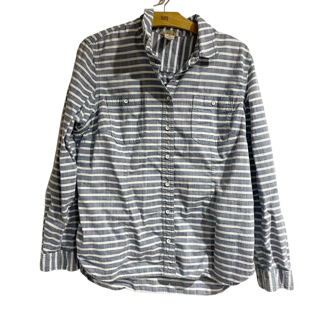 Duluth Women XL White Blue Striped Cotton Button Down Shirt